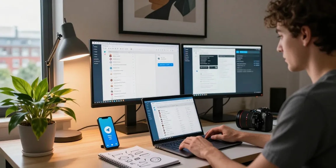 Engaged user accessing Telegram Web Version in a vibrant home office setting.