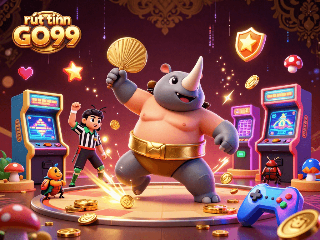 Experience rút tiền GO99 with a powerful stomp from the champion beetle amidst vibrant arcade and casino elements.