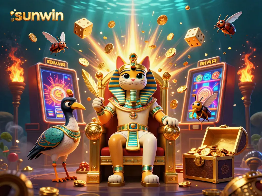 Experience sunwin gaming excitement with a vibrant 3D casino scene featuring lively characters and slot machines.