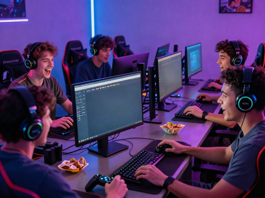 Group of friends enjoying the rokok88 gaming platform in a lively atmosphere.