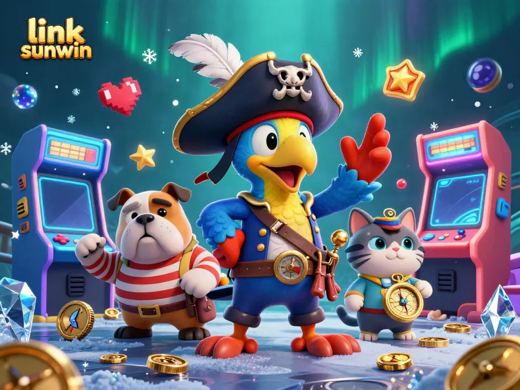 Engage in thrilling games at link sunwin, featuring vibrant casino elements and cartoon characters.