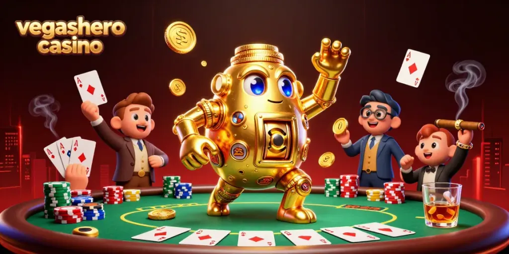 Engage with vegashero casino's exciting games featuring a golden golem and dynamic poker setup.