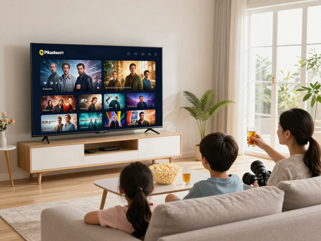 Family enjoying a movie night using https://pickashowapk.com/ in a cozy living room.