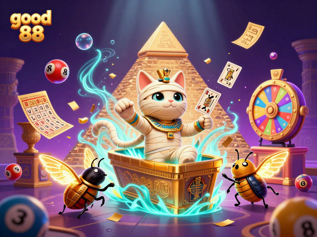 Join the excitement with good 88 as the mummy cat reveals treasures in a vibrant casino scene.