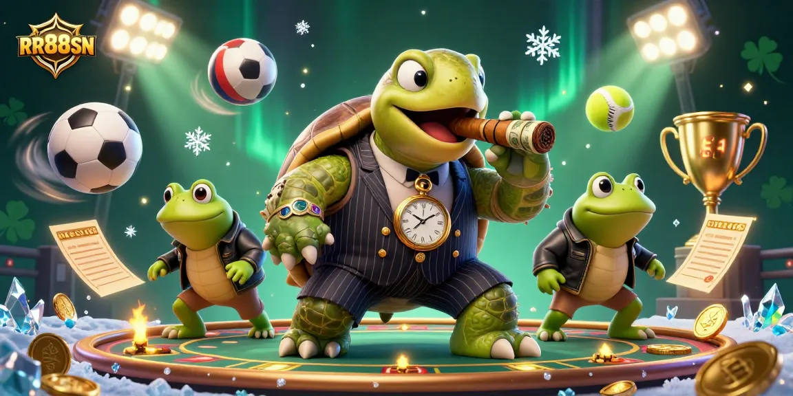 Experience RR88SN's exciting casino action with a dynamic 3D illustration of a turtle mobster and frog enforcers.