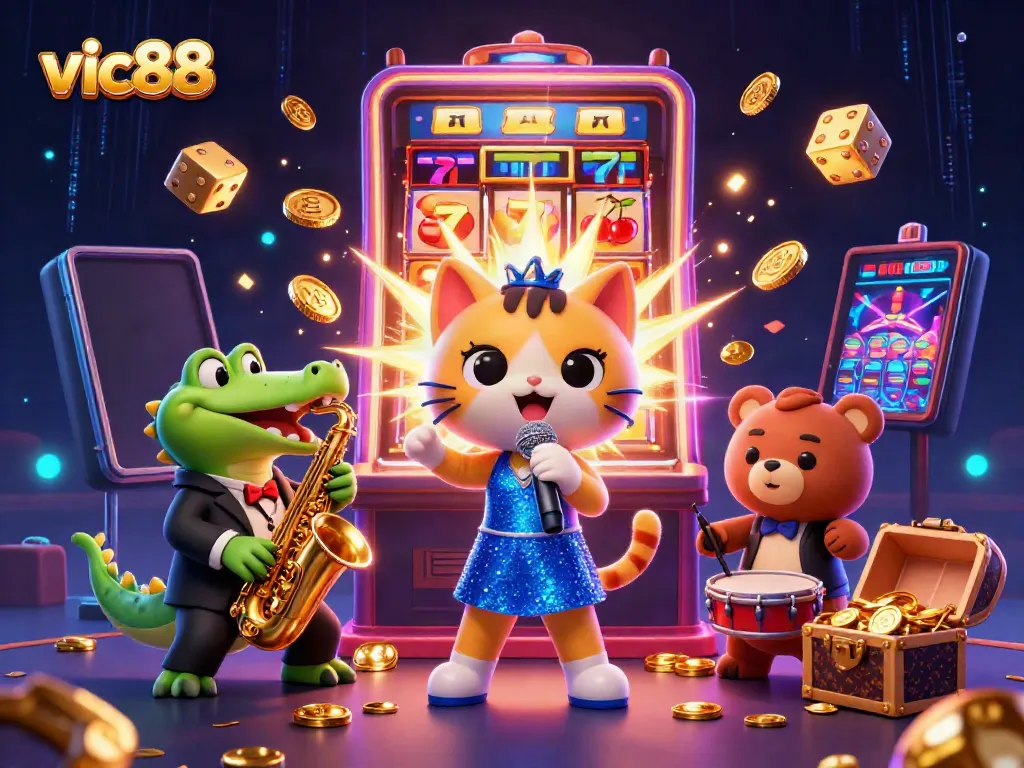 Experience the excitement of vic88 with vibrant cartoon characters and casino elements in a rich, 3D illustration.
