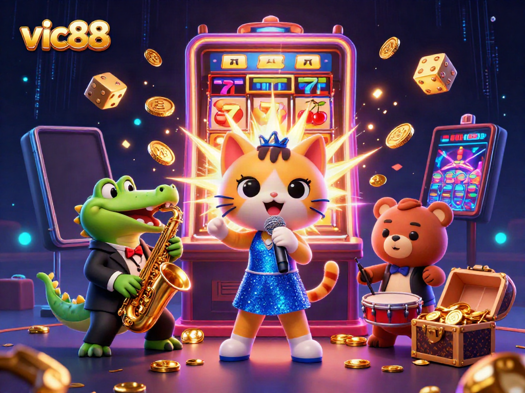 Experience the excitement of vic88 with vibrant cartoon characters and casino elements in a rich, 3D illustration.