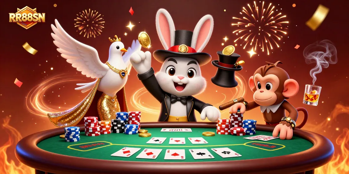 Experience the magic at RR88SN with a magician rabbit, coins, and poker chips in a lively casino scene.