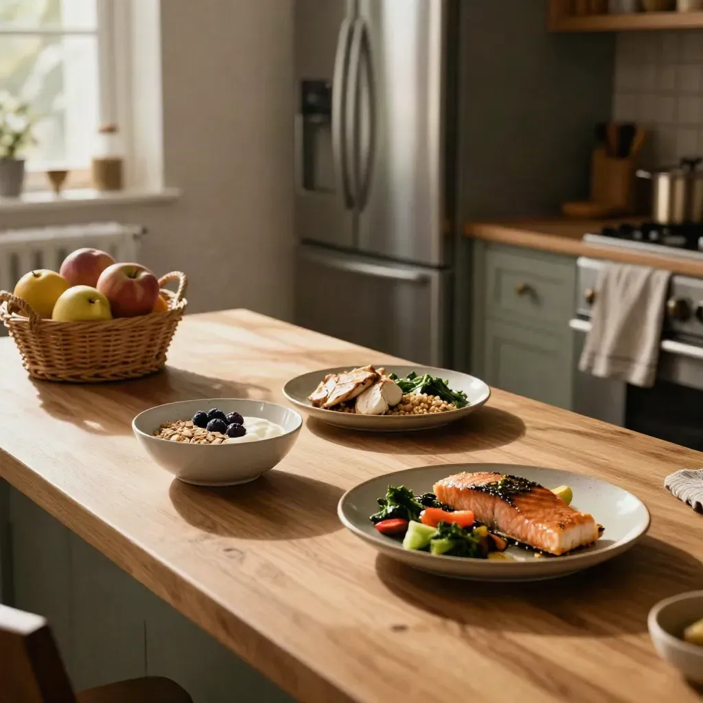 Drie vaste maaltijden op borden in een warme keuken, met fruitmand en rustige koelkastzone.