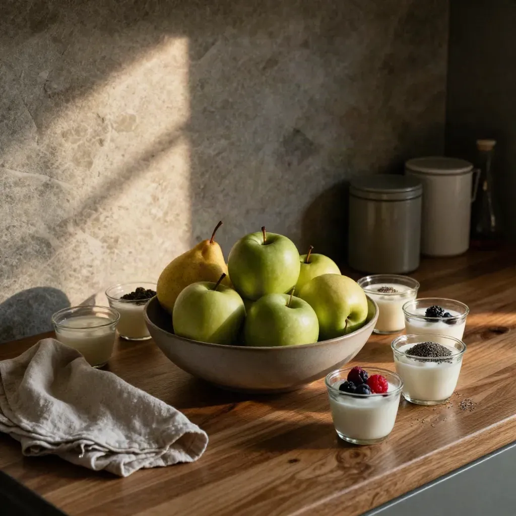Stille eetkeuken met fruit, yoghurt en glazen bakjes in koel groen licht.