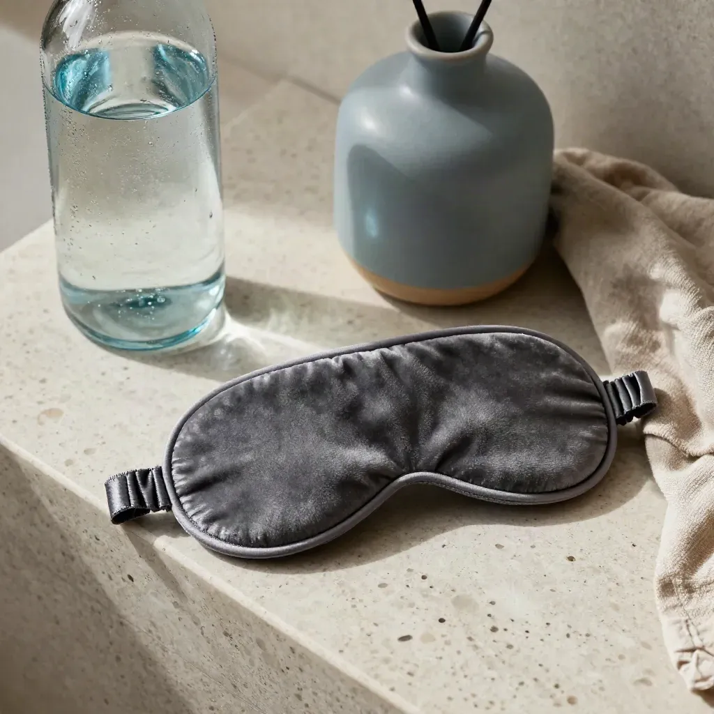 Slaapmasker, waterfles, diffuser en linnen doek op een travertin plank met zachte nevel.