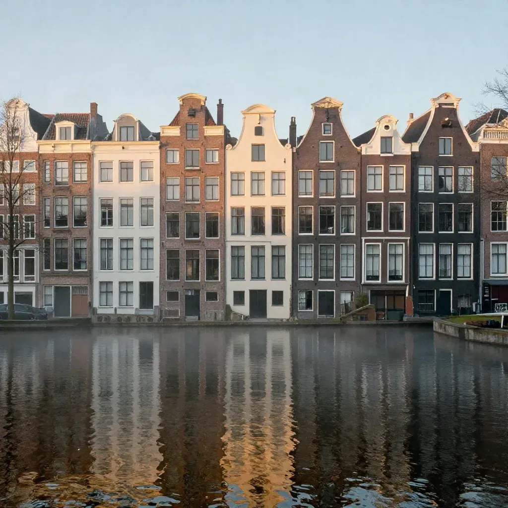 Amsterdamse grachtengordel met mist, hoge gevels en spiegelend water in de ochtend.