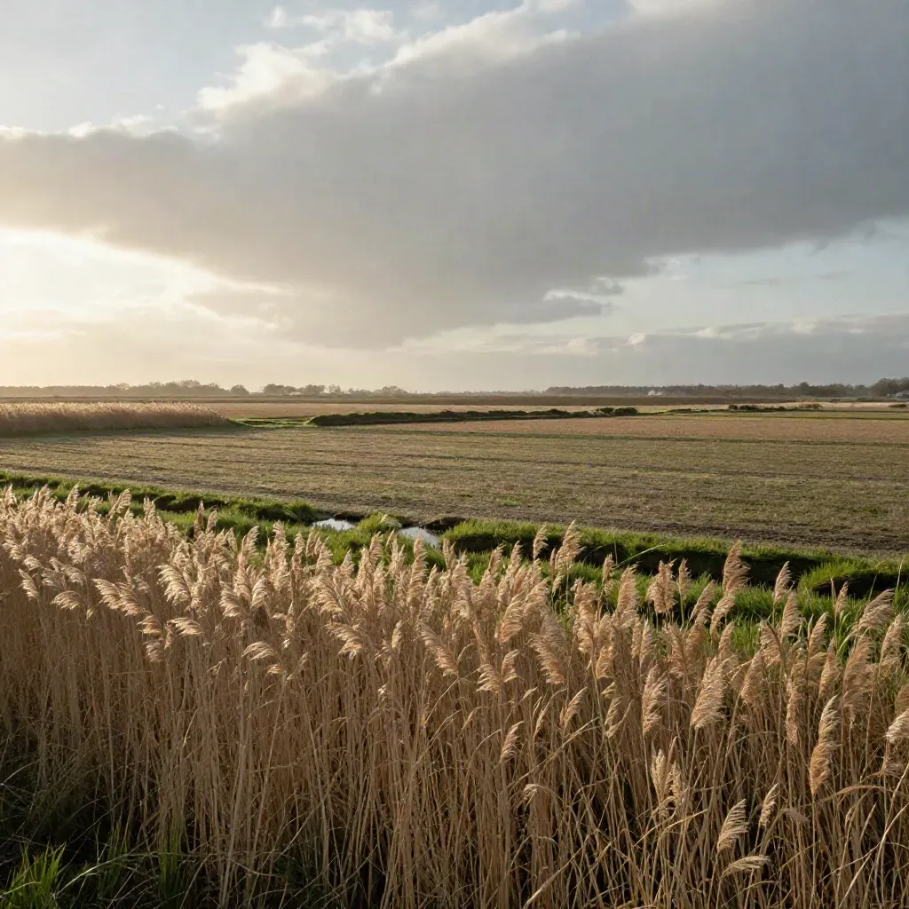 Uitgestrekte polder met sloten, lage horizon, brede lucht en zacht goud licht.