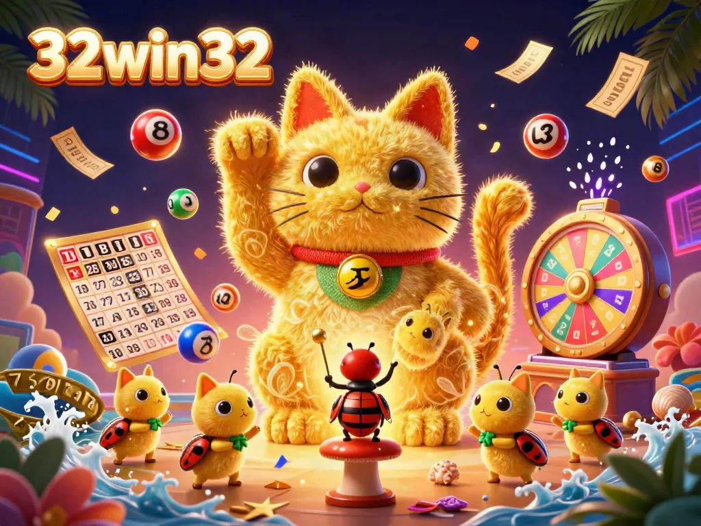 Experience the excitement of casino fun with 32win32's lucky cat surrounded by vibrant lottery elements.