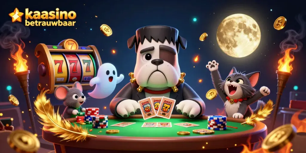 Kaasino betrouwbaar showcases a lively scene with a bulldog dealer, a ghost mouse, and a werewolf kitten amidst gaming elements.