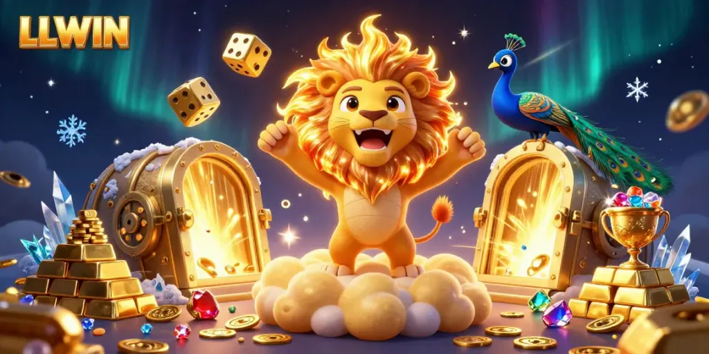 Experience thrilling moments with LLWIN, a vibrant illustration featuring a roaring sun lion and golden casino elements.
