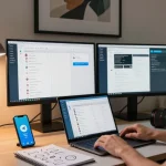 Engaged user accessing Telegram Web Version in a vibrant home office setting.
