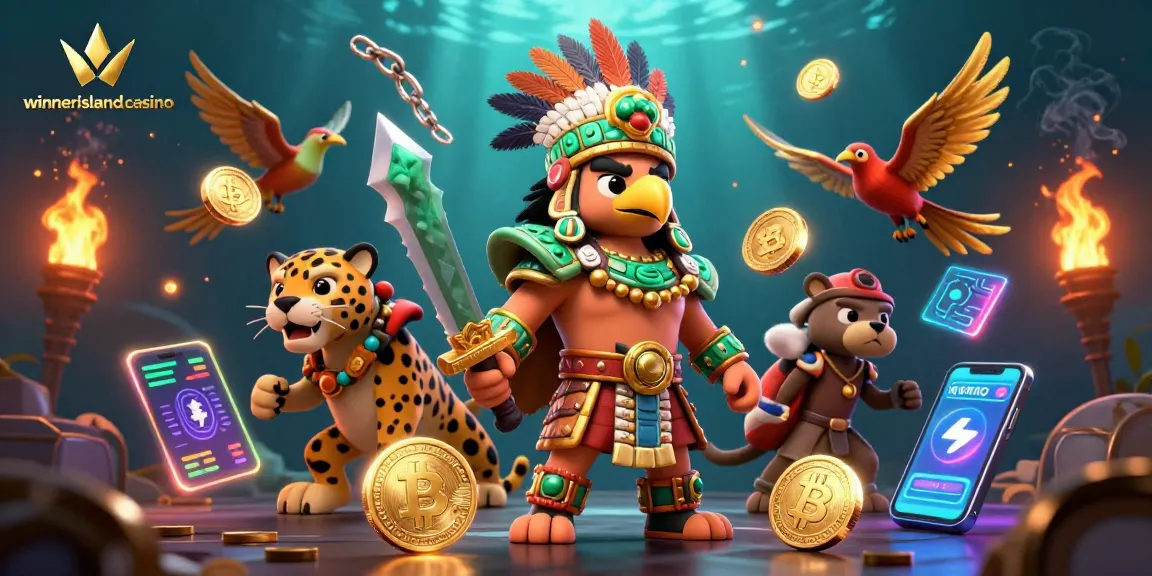 Engage with winnerislandcasino in an exciting 3D scene featuring casino elements and crypto coins.