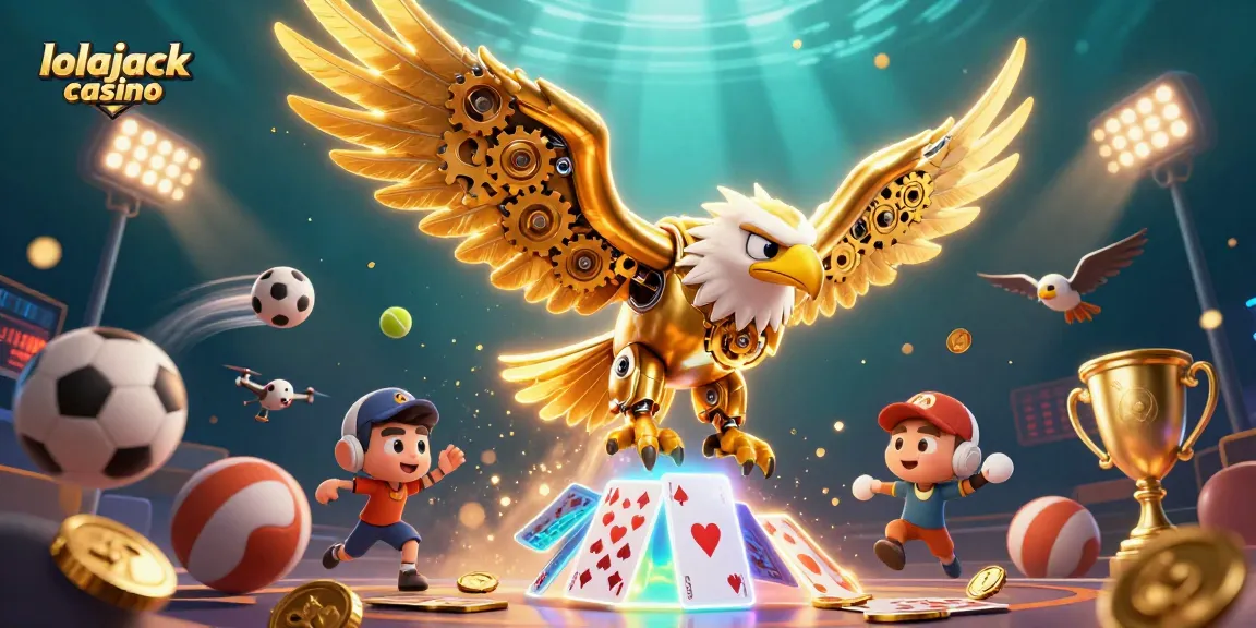 Experience the thrill of lolajack casino with a golden eagle amidst festive holographic cards and vibrant sports elements.